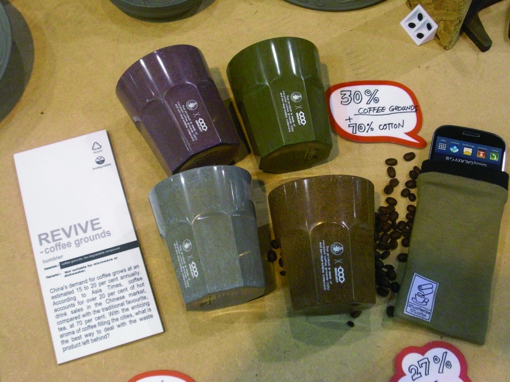 上圖的杯和手機套，都是Green & Associates回收Pacific Coffee的咖啡渣製成的，以OOOBJECT × Pacific Coffee的雙品牌推出。
