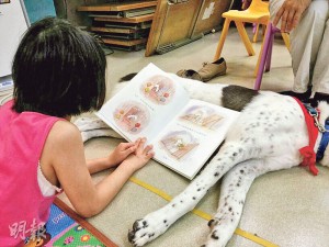 放膽講故事——除了玩遊戲外，伴讀也是治療方法之一，平日少說話的小朋友，面對治療犬時會變得安心，放膽講出故事內容。
